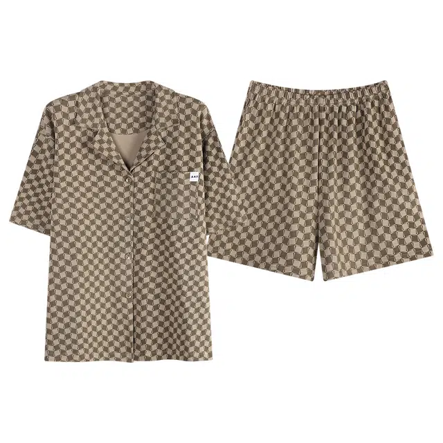 欧迪芬 格纹复古时尚翻领可外穿休闲家居服短袖三分裤睡衣套装 女款