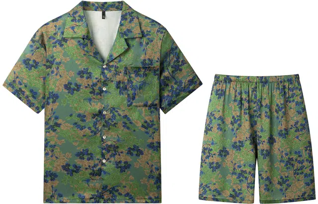 宫蝶 夏威夷系列 冰丝复古风短袖家居服休闲可外穿度假风大码宽松开衫睡衣套装 男款