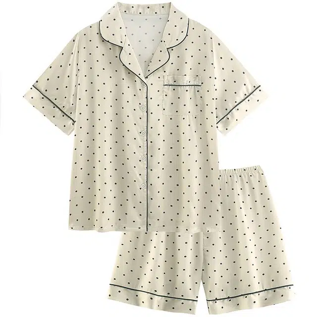 俏韵 翻领冰丝短袖三分裤甜美可爱休闲舒适薄款家居服可外穿睡衣套装 女款