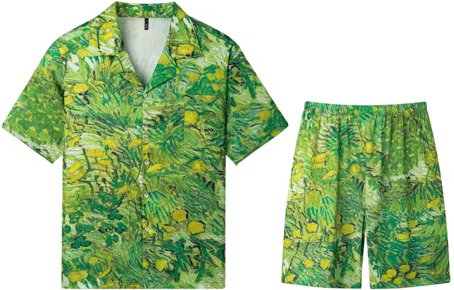 宫蝶 夏威夷系列 冰丝短袖复古风家居服可外穿度假风大码宽松开衫休闲睡衣套装 男款