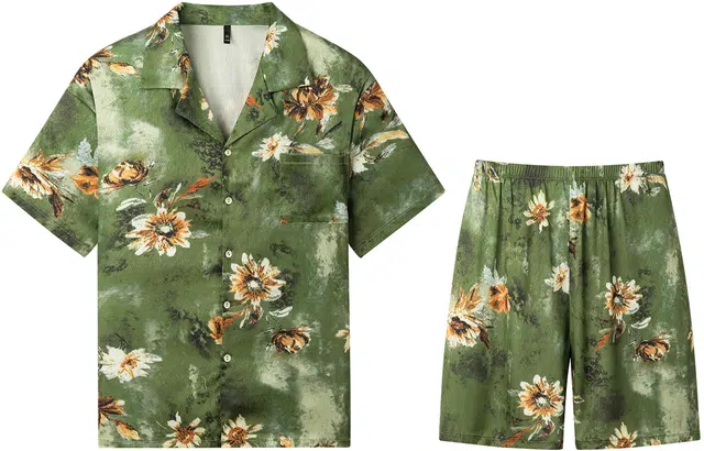 宫蝶 冰丝短袖复古风家居服可外穿度假风大码宽松休闲睡衣套装 男款