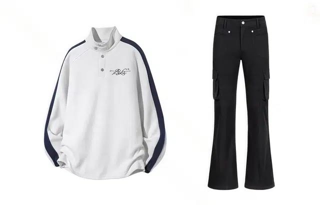 梓润格 插肩袖拼接撞色美式大码立领复古基础百搭迷彩工装裤修身微喇牛仔裤卫衣套装 男女同款