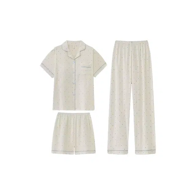 顶瓜瓜 夏季女透气舒适简约短袖三件套家居服睡衣套装 女款