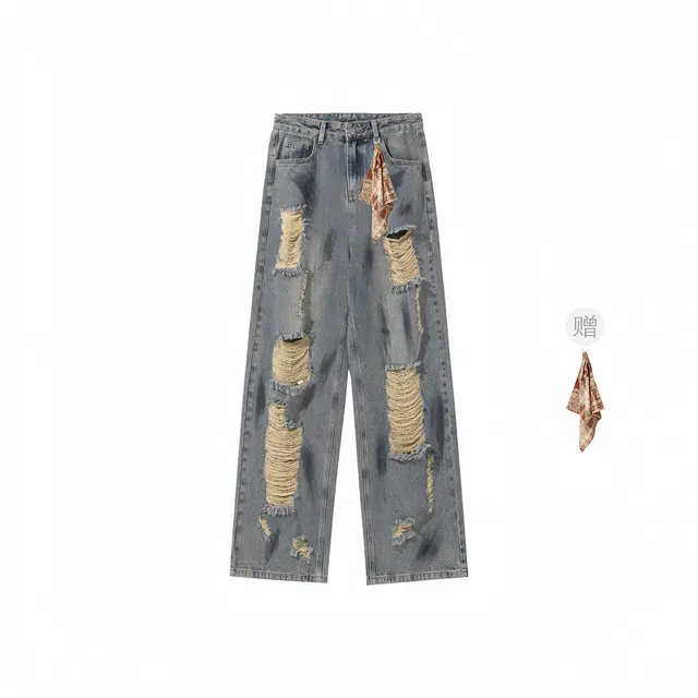 明尼凯 美式复古高街破洞设计水洗做旧废土风宽松百搭舒适潮流小众高级感痞帅阔腿垂感时尚微喇牛仔裤 男女同款