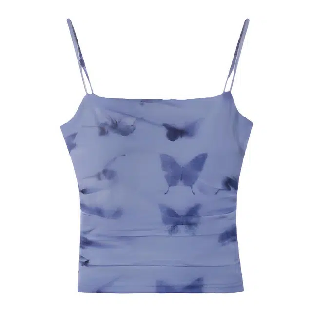 潞优野 蝴蝶印花细吊带女夏外穿收腰显瘦短款无袖上衣背心 女款