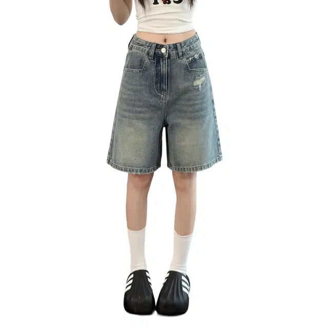 冈哉 美式复古裤袋下侧破洞五分裤设计水洗做旧中腰宽松显高显瘦阔腿牛仔短裤 男女同款