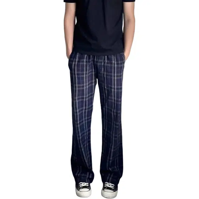 黑马漫画 美式复古格子微喇弯刀慵懒风垂感宽松直筒休闲裤 男女同款