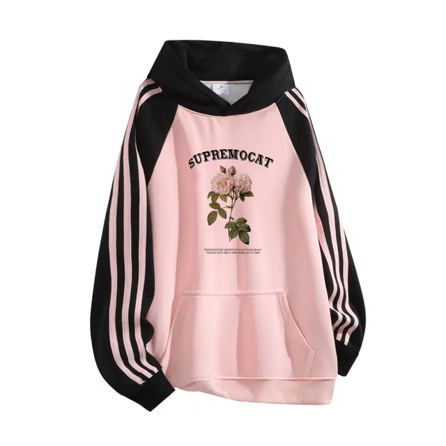 吾皇猫 美式植物花卉玫瑰印花撞色拼接三条杠设计百搭潮流宽松连帽插肩袖休闲户外运动卫衣 男女同款