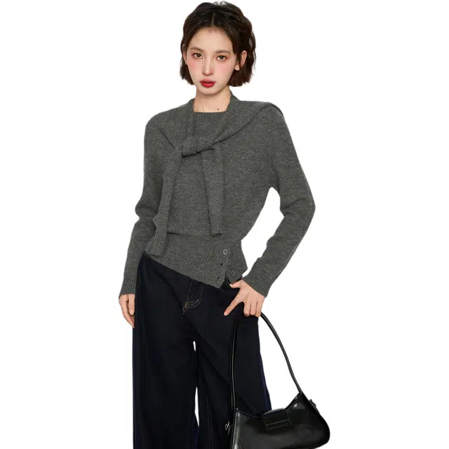 柏黛妃 正肩套头长袖针织衫女短款修身内搭打底披肩上衣 女款