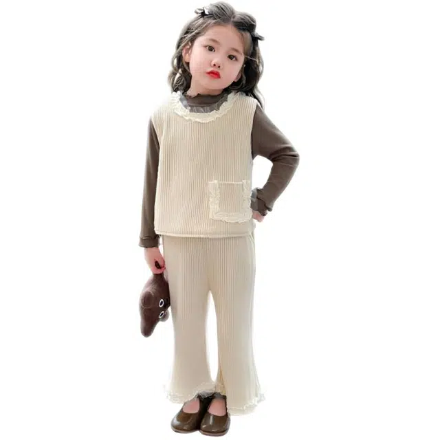 天才小熊休闲运动套装 女童春秋季花边马甲大童潮牌小孩衣服 小女孩短袖洋气时髦 舒适帅气轻便