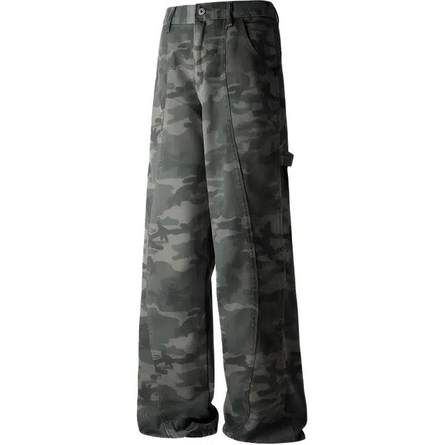 特斯型 美式迷彩设计感潮流扣带休闲宽松直筒工装牛仔裤 男女同款