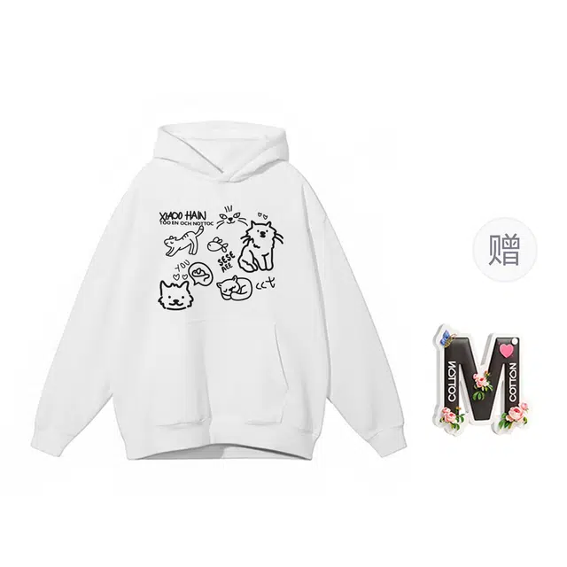 棉购 重磅美式连帽加绒加厚慵懒风卡通宽松秋冬季卫衣 男女同款