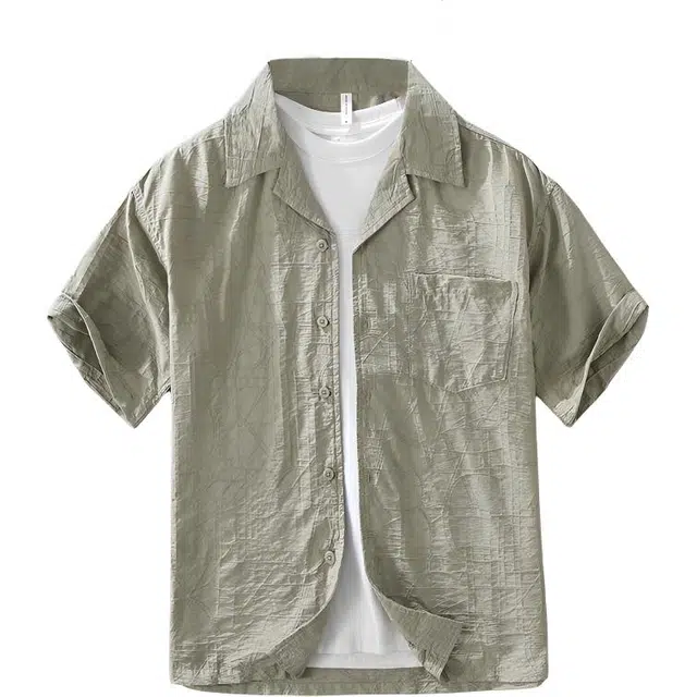 么宁 日系纹理感潮流短袖衬衣简约百搭外套文艺感休闲上衣宽松翻领舒适透气个性痞帅衬衫 男女同款