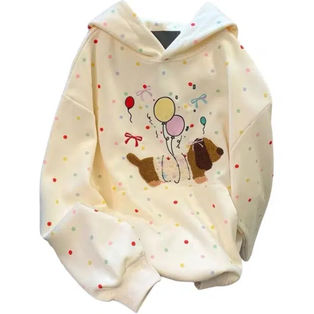 桴生 腊肠狗刺绣可爱波点宽松卡通连帽韩版秋冬慵懒学院风加绒外套卫衣 女款