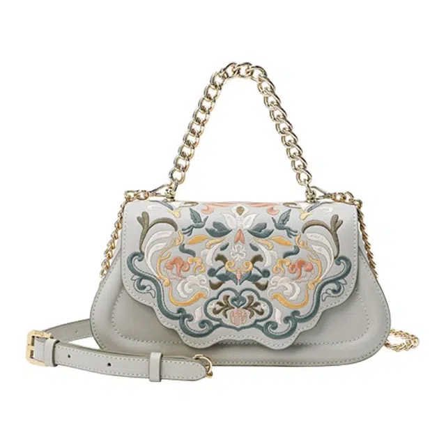 古伊西 敦煌图腾新中式 国风刺绣工艺 小众绣花高级感手提腋下马面裙斜挎包 小号 女款 玉簪青灰