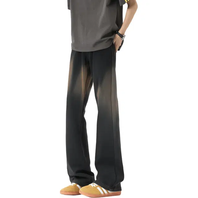 图兰朵 夏季美式复古街头弯刀简约舒适高级感窄版亲肤微弹高街中腰显高修身阔腿直筒百搭水洗做旧牛仔裤 男女同款