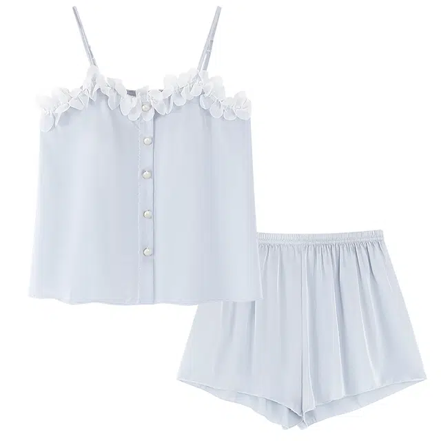 顶瓜瓜 冰丝带胸垫性感吊带短裤套头蕾丝花边纯色休闲凉感两件套家居服夏季睡衣套装 女款