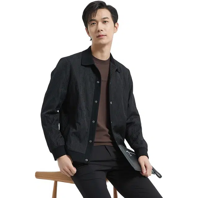 古鲨 时尚老花暗纹高端商务翻领秋季修身夹克外套 男款