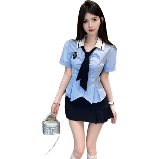 思蓓儿 小个子收腰短袖领带衬衫高腰包臀半身裙裙装套装 女款