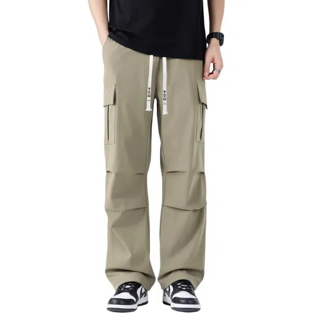 半空山 美式复古高街纯色多口袋褶皱设计品牌文字刺绣系带百搭宽松休闲工装裤 男女同款