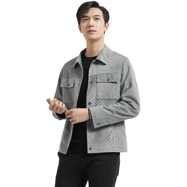 古鲨 格雷灰肌理格子商务时尚柔软翻领夹克外套 男款