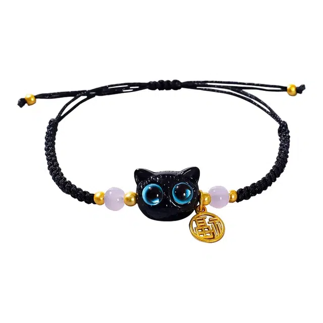 色菲尔 韩式大眼猫咪 招福纳财小众设计萌趣可爱甜美日常通勤时尚百搭可调节#好运 织物 手绳 男女同款情侣款