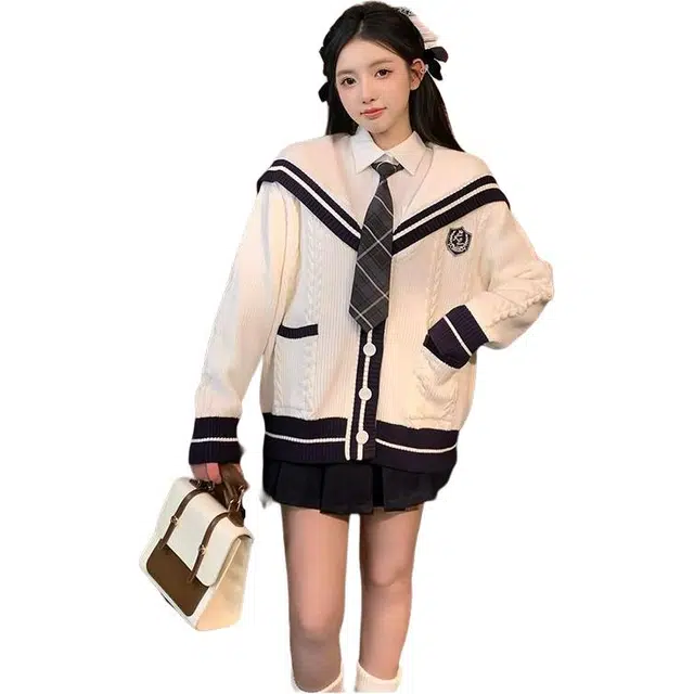 桴生 海军领开衫毛衣外套女秋冬宽松休闲慵懒风撞色外穿针织衫 女款