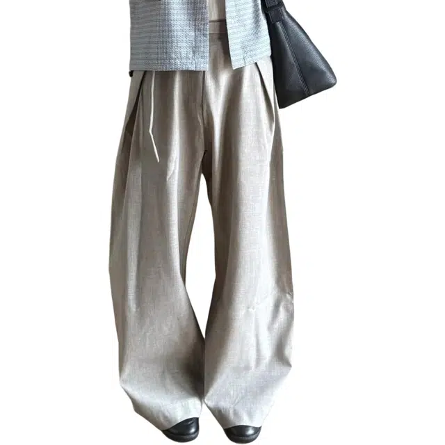 冈哉 老钱风亚麻褶皱纽扣拼接腰带设计美式潮牌冰丝垂感阔腿宽松百搭舒适西装长裤休闲裤 男女同款