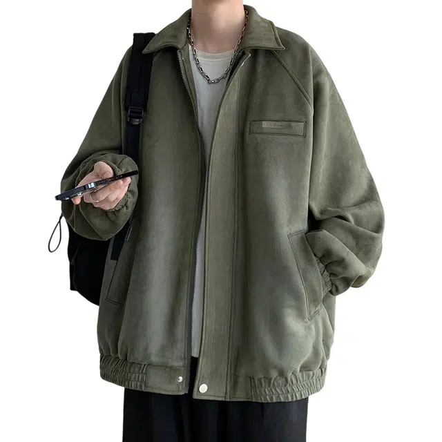 顶峰保罗 美式复古潮牌痞帅无性别主义翻领宽松时尚休闲上衣百搭纯色长袖夹克外套 男女同款