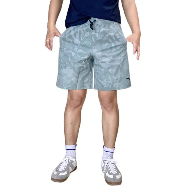 超级安踏 运动简约满印舒适宽松系带休闲短裤 男款 豆灰绿