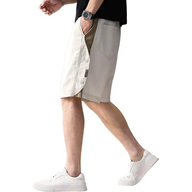 贵色 夏季 时尚高端轻奢撞色拼接侧边纽扣设计感休闲男士潮牌美式复古高街痞帅日常出行穿搭宽松五分裤工装短裤 直筒松紧腰 男女同款
