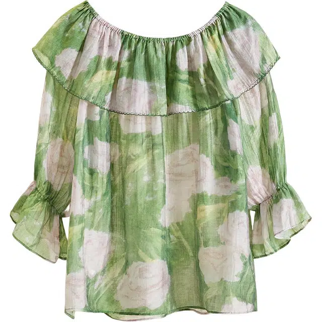 她池 温柔甜美风一字领套头撞色印花荷叶边七分袖衬衫 女款 花色