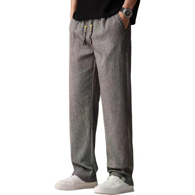 贵色 夏季 淡人随性盐系穿搭薄款亚麻阔腿百搭神器亲肤柔软直筒垂感松紧腰简约设计潮流运动透气长裤休闲裤 宽松 男女同款