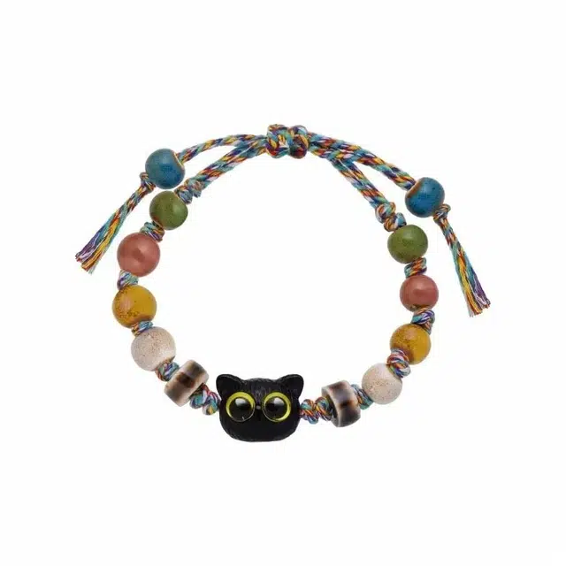 【五彩绳串珠】 色菲尔 韩式小黑猫咪骷髅编织 呆萌复古甜美可爱萌趣搞怪个性小众设计日常时尚通勤百搭可调节 织物 手绳 男女同款情侣款