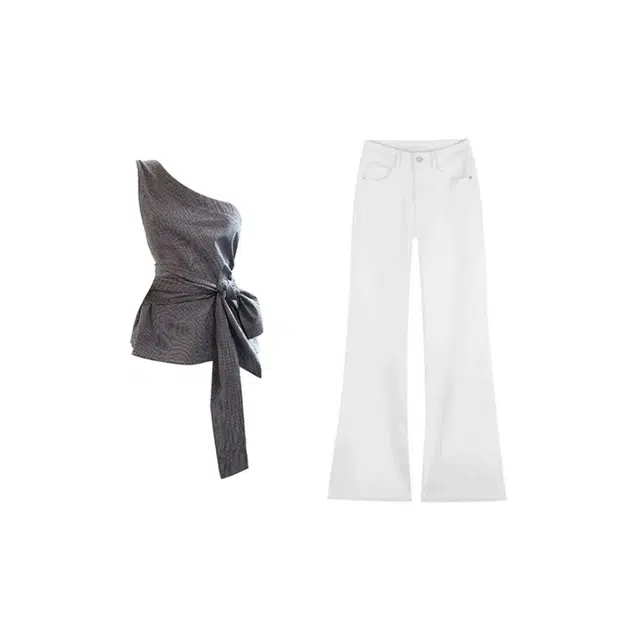 敲模女孩 韩系设计感格纹斜肩系带蝴蝶结上衣百搭显瘦微喇牛仔裤休闲套装 女款