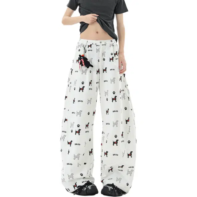 佐菲利 美式小狗印花阔腿裤子潮牌宽松显瘦垂感直筒长裤休闲裤 男女同款