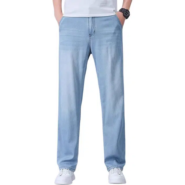 炳盛 夏季冰丝超薄潮流商务外穿宽松直筒长裤牛仔裤 男女同款