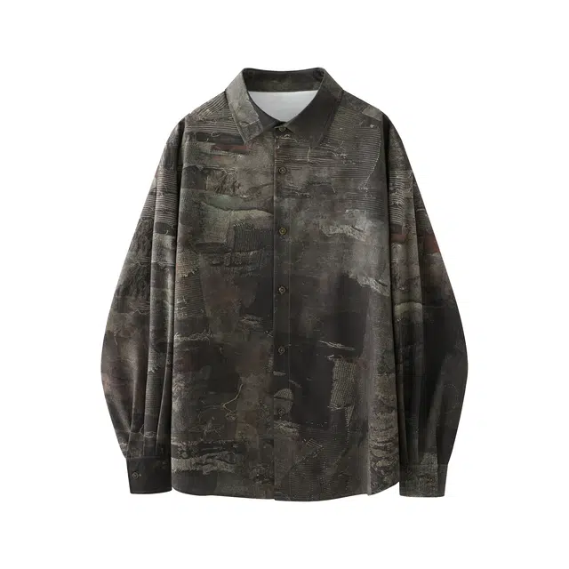 木林森 美式复古高街潮牌印花款潮流设计感翻领休闲时尚百搭长袖日常通勤上衣衬衫 男女同款