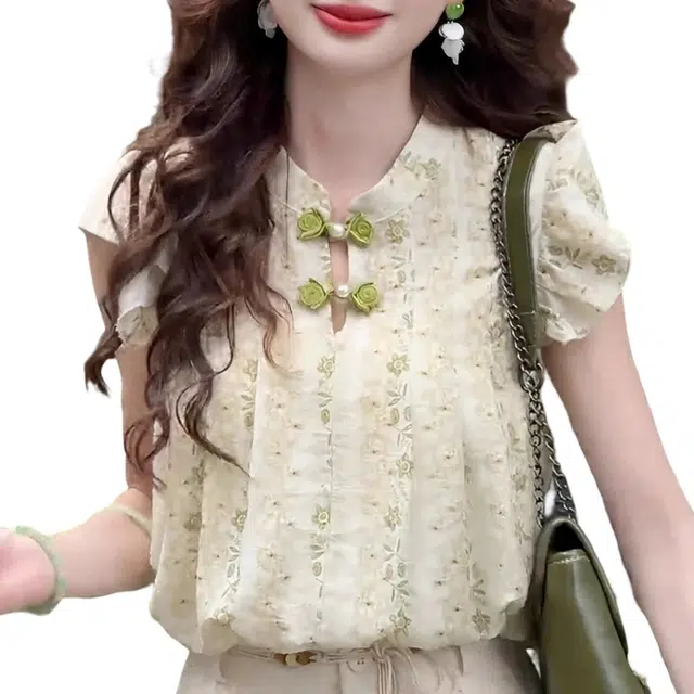 丝絮丝绸 镂空印花短袖设计感小众复古宽松休闲上衣衬衫 女款