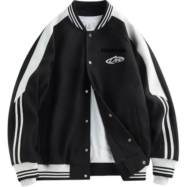 太子龍 美式复古简约撞色拼接条纹设计无性别主义穿搭宽松休闲时尚潮流百搭感纽扣情侣款外套夹克 男女同款