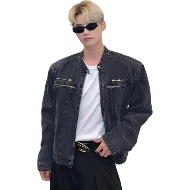 寻星记 美式复古高街风金属珍珠定珠短款高级感外衣牛仔外套 男女同款