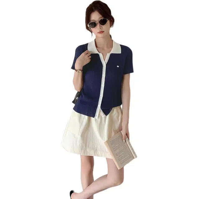 敲模女孩 学院风时尚休闲撞色上衣甜盐系穿搭高腰休闲短裙裙装套装 女款