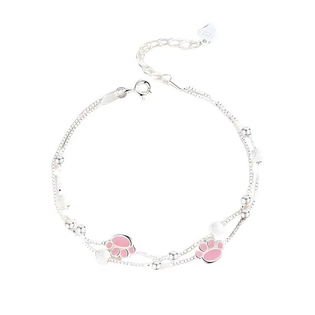 福柚 【免费刻字 代写贺卡】甜美可爱呆萌可爱简约小众设计高级感 光面立体磨砂圆珠双层叠戴满天星手饰嘟嘟猫爪 合金 手链 女款