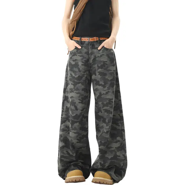 哲源 美式复古高街多口袋休闲工装裤经典迷彩纽扣拉链设计感阔腿裤潮牌百搭宽松时尚弯刀牛仔裤 男女同款