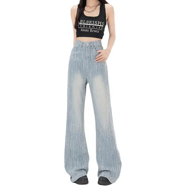 如续 复古翻盖口袋设计提花工艺微喇长裤&加长高腰感舒适百搭显瘦宽松牛仔裤 女款