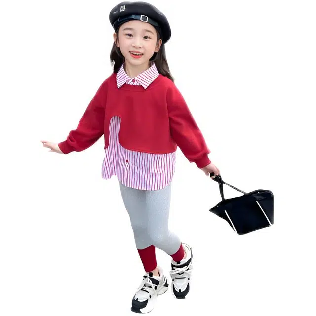 比比我休闲运动套装  女童春秋季假两件蝴蝶结大童潮牌小孩衣服 小女孩短袖洋气时髦 舒适帅气轻便