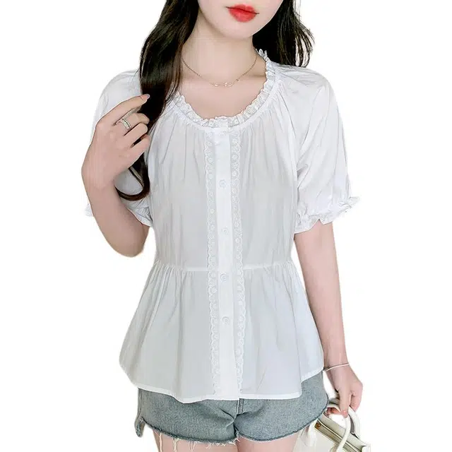 丝絮丝绸 气质木耳花边设计感甜美简约收腰显瘦百搭上衣短袖衬衫 女款