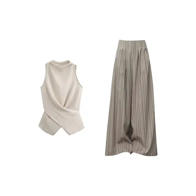 敲模女孩 韩系学院风设计感挂脖修身上收腰衣高腰条纹阔腿裤休闲套装 女款