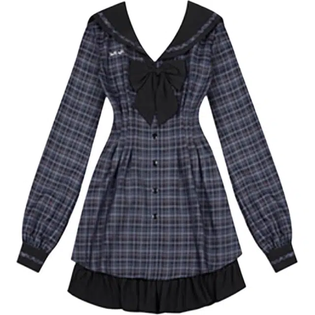 海獭 自制学院风少女设计感短裙甜酷海军领蝴蝶结灯笼袖格子连衣裙女秋制服 女款