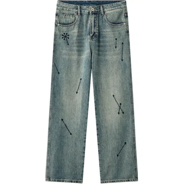 希越 刺绣直筒男裤宽松美式复古休闲水洗潮牌牛仔裤 男款